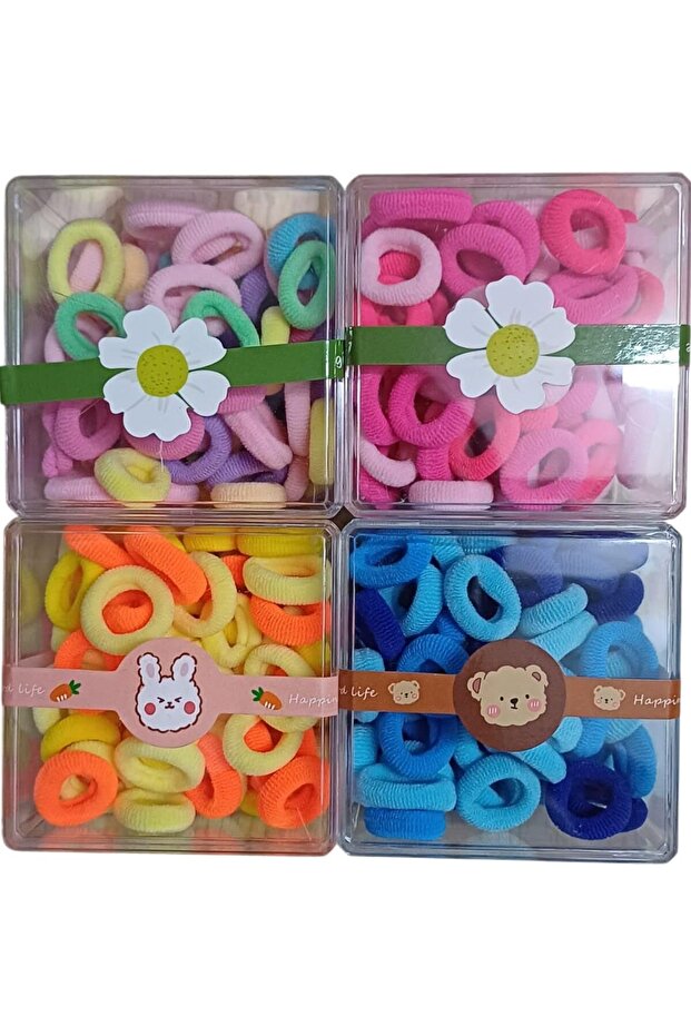 Colourful Hair Ties and Elastics Set, Assorted Sizes and Shades, 4 Compartments