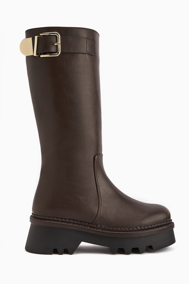 Hely Brown Buckle Detailed High-Sole Women's Boots