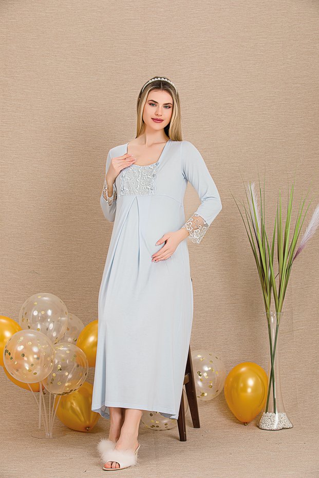 Buttoned Lace Collar Nightgown and Lace Sleeve Collar Detailed Dressing Gown Pregnant & Postpartum 2-Piece Set Nightgown