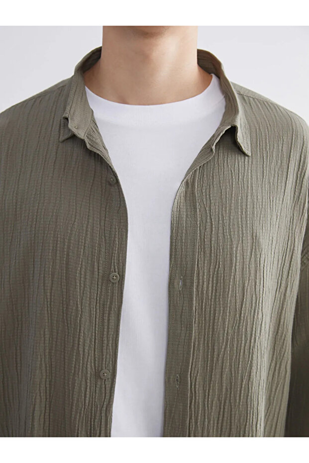 XSIDE Haki Rahat Kalıp Dokulu Erkek Gömlek - 2