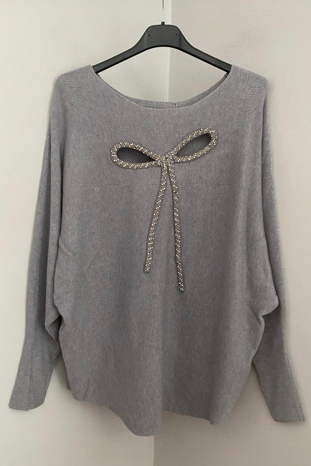 Women's Italian Grey Round Neck Windowed Bow Embroidered Angora Knitwear Sweater Blouse