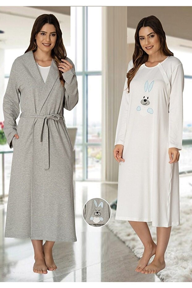 Rabbit Detailed Long Sleeve Maternity Pajamas Nightgown Set