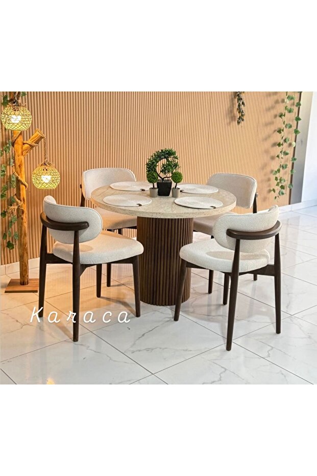 Yuvarlak Ahşap Masa Takımı Bohem 4 Kişilik Mutfak Masa Sandalye Takımı İskandinav - 1