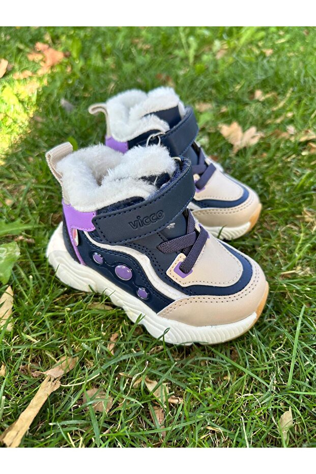 Size 22-35 Beige Girls' Boots with Fur Inside and Non-Slip Sole