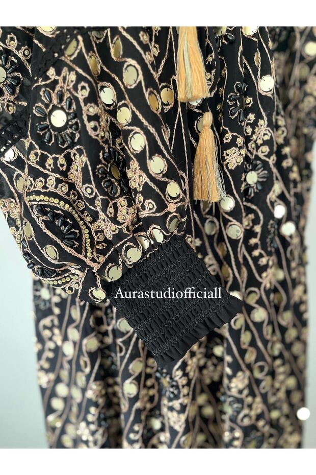 İthal İşlemeli Uzun Abiye Elbise - 5