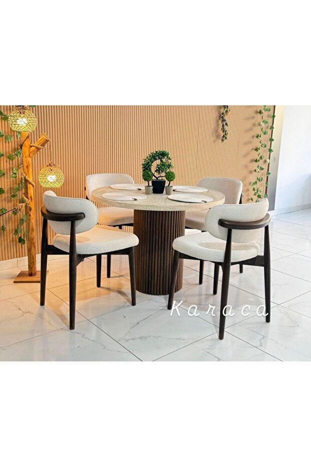 Yuvarlak Ahşap Masa Takımı Bohem 4 Kişilik Mutfak Masa Sandalye Takımı İskandinav - 4