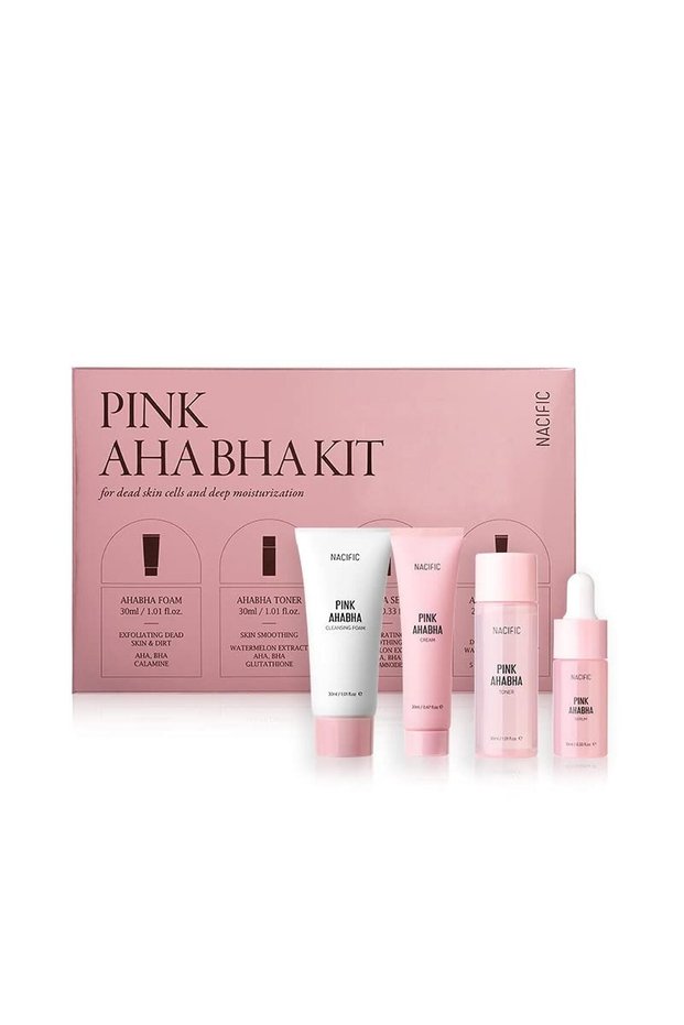 Pink AHA BHA Kit (Cleansing Foam, Toner, Serum, Cream) Travel Size Skin Care Set