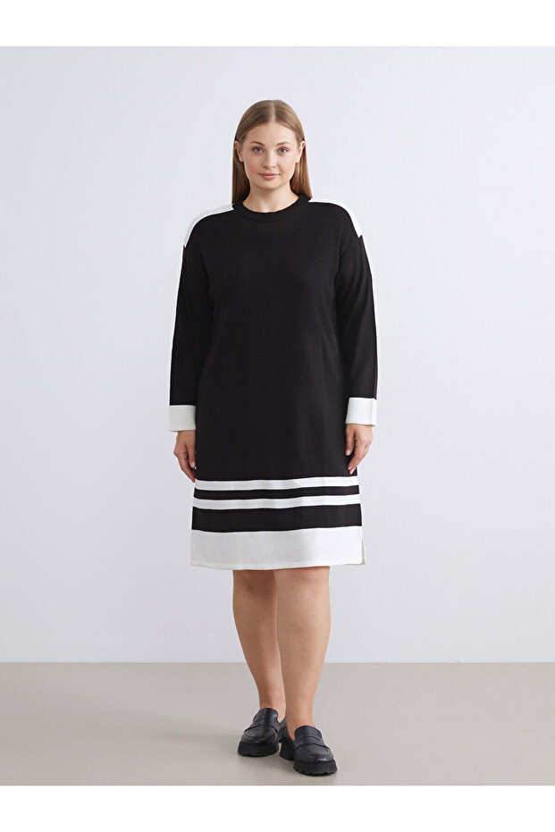 Siyah Bisiklet Yaka Renk Bloklu Triko Elbise - 7