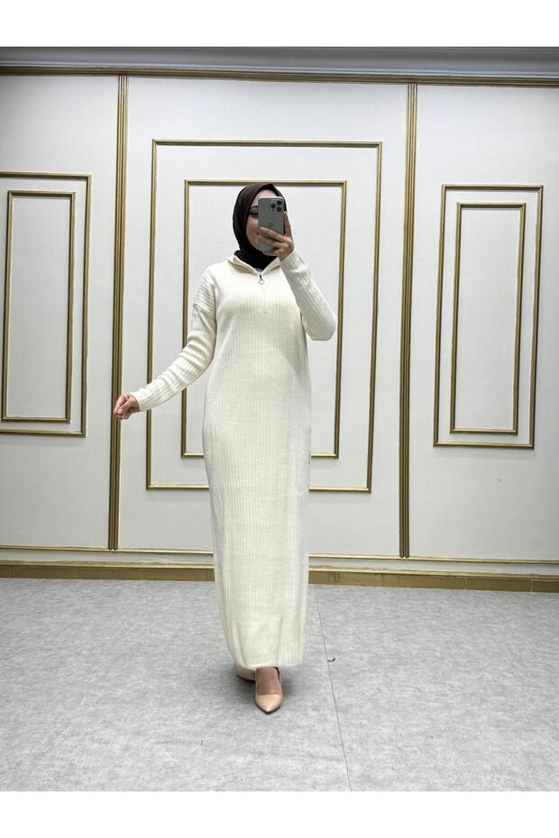 FERMUARLI TRİKO UZUN ELBİSE - 5