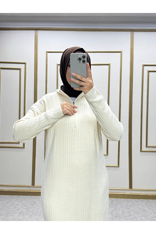 FERMUARLI TRİKO UZUN ELBİSE - 1