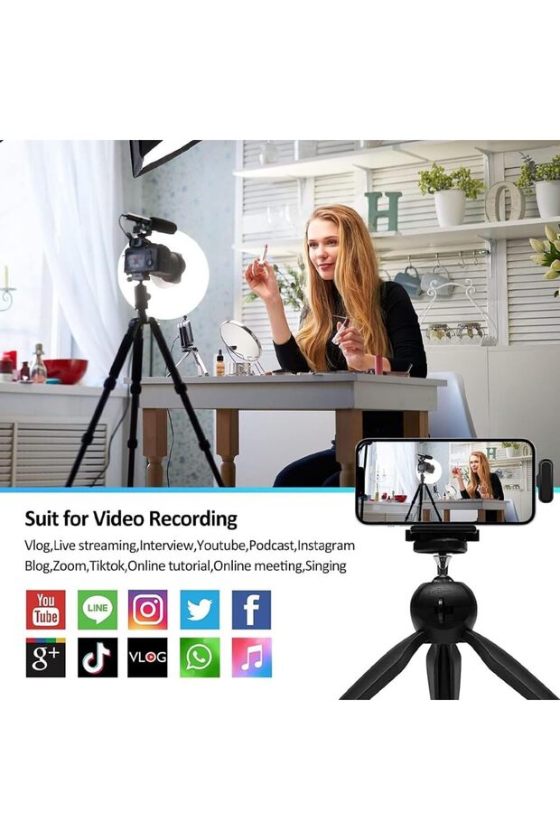 مجموعة ميكروفون لافاليير لاسلكي مزدوج لأجهزة iPhone وAndroid، قابلة للتوصيل والتشغيل، مجموعة تسجيل فيديو - 7