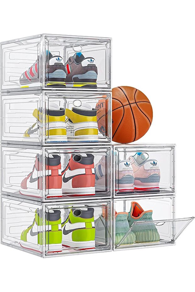 6 Pack Large Shoe Boxes, Clear Shoe Storage Organizer with Magnetic Front Door, Stackable Stor - 1