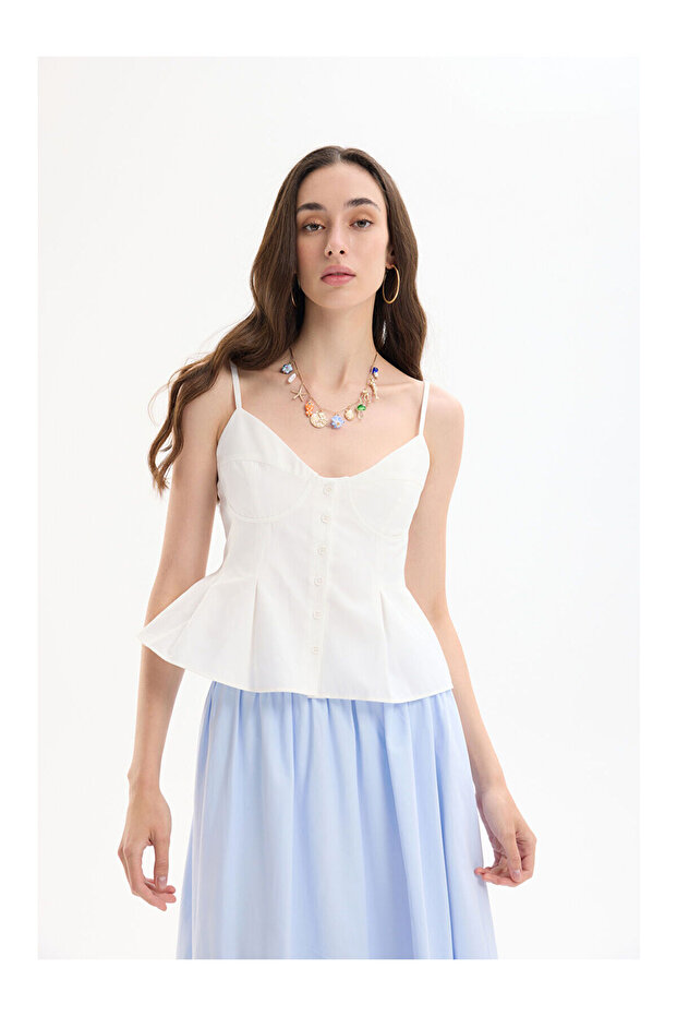 Buttoned Thin Strap Blouse with Pile Detail Ecru - 4