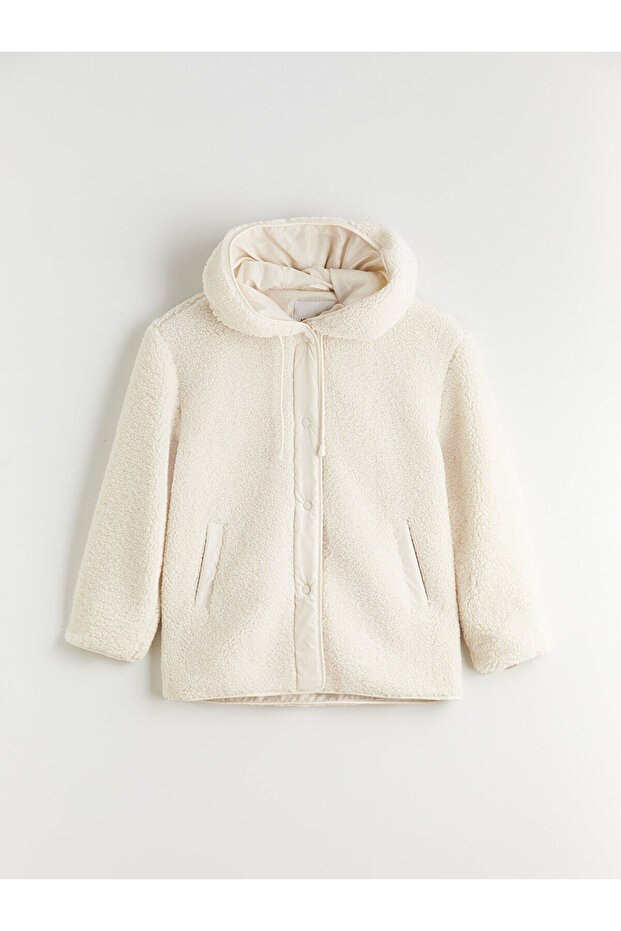 Bej Kapüşonlu Oversize Kadın Teddy Kaban - 1