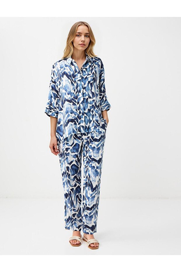 Lacivert Normal Bel Normal Paça Desenli Dokuma Pantolon - 1