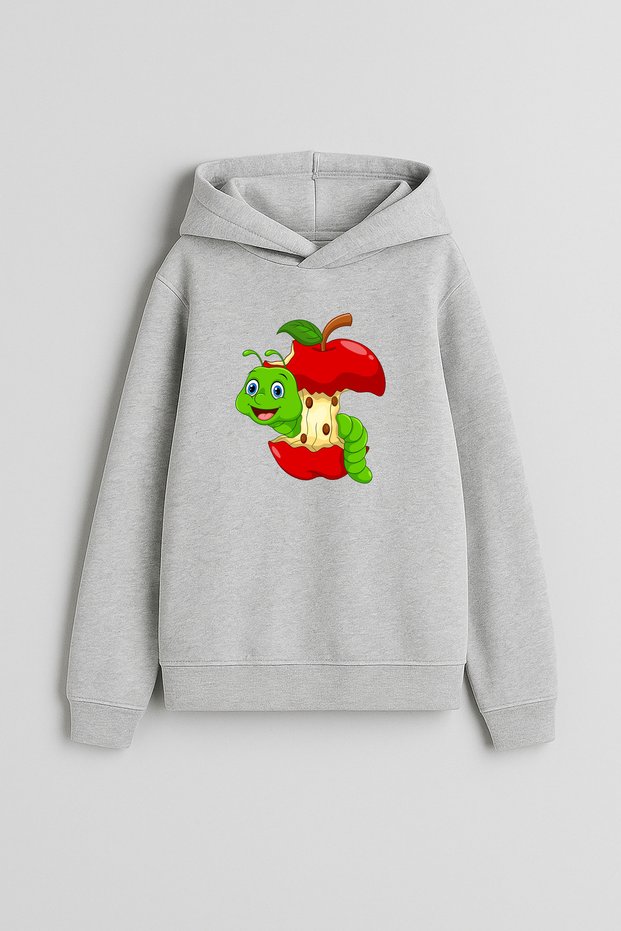 Apple Kurdu Printed Boys Girls Children's Gray Hooded Hoodie Sweatshirt Hoodie