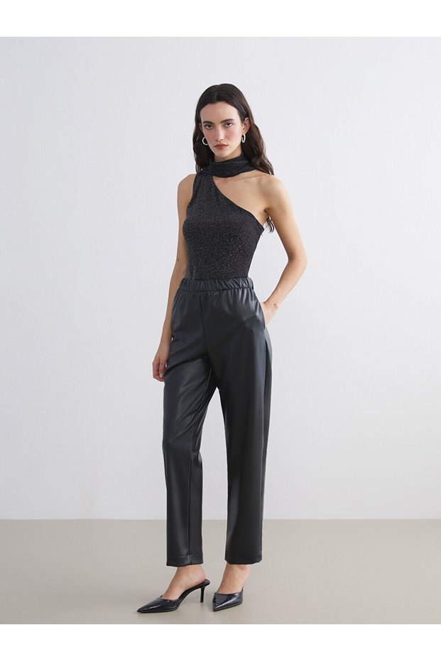 Hilfa New Season Elastic Waist Leather-Look Women's Trousers