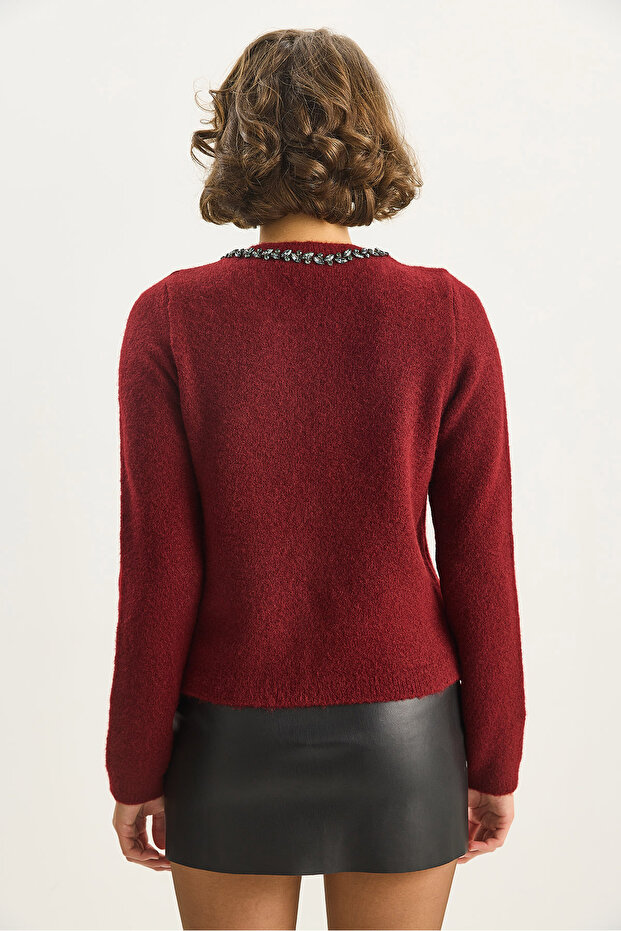 Kadın Bisiklet Yaka Zarif Taş İşlemeli Düğmeli Triko Hırka 4890 60283584 - 8