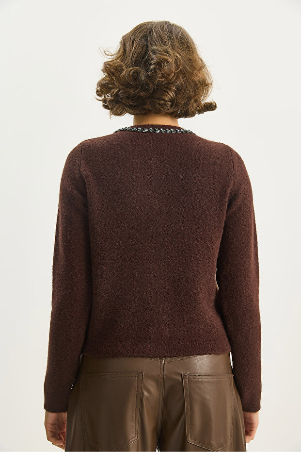 Kadın Bisiklet Yaka Zarif Taş İşlemeli Düğmeli Triko Hırka 4890 60283584 - 8