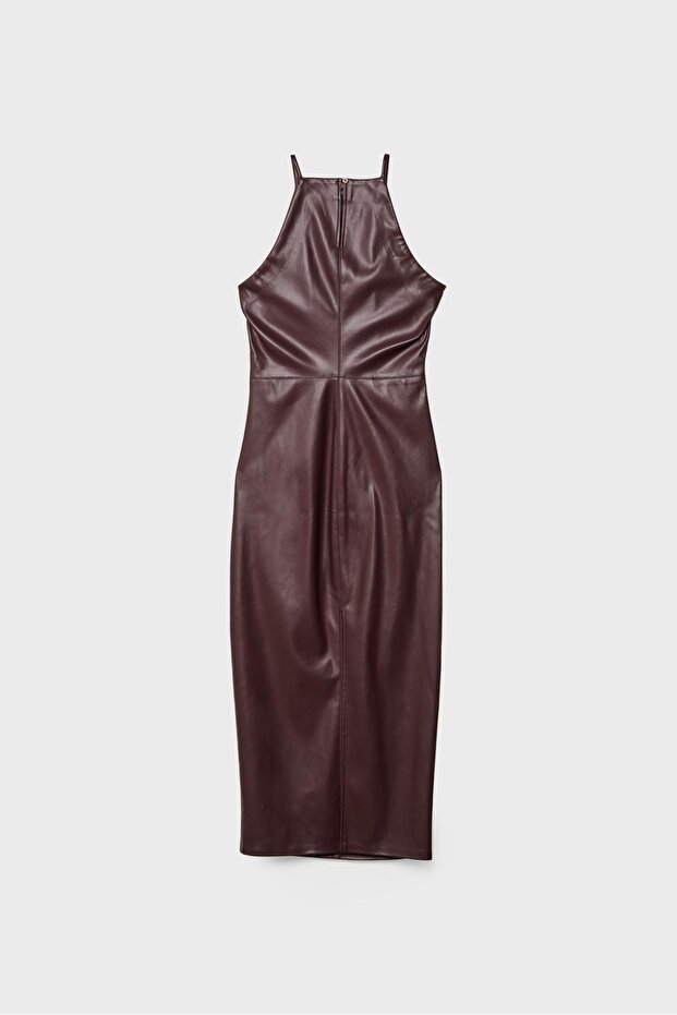 Suni deri midi elbise - 6