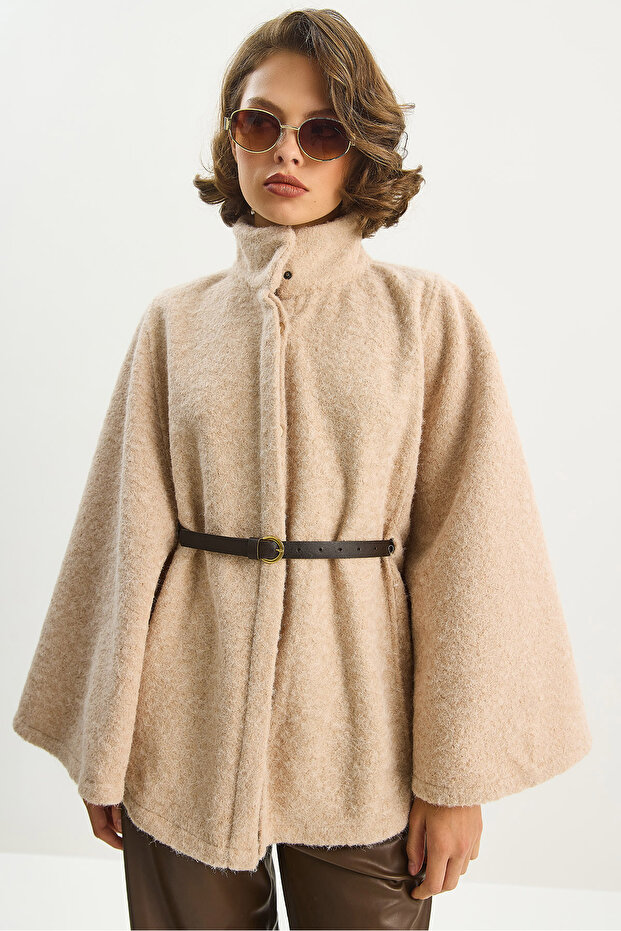 Women's Mink Boucle Fabric Araboy Belted Cashmere Poncho 8014 60284101
