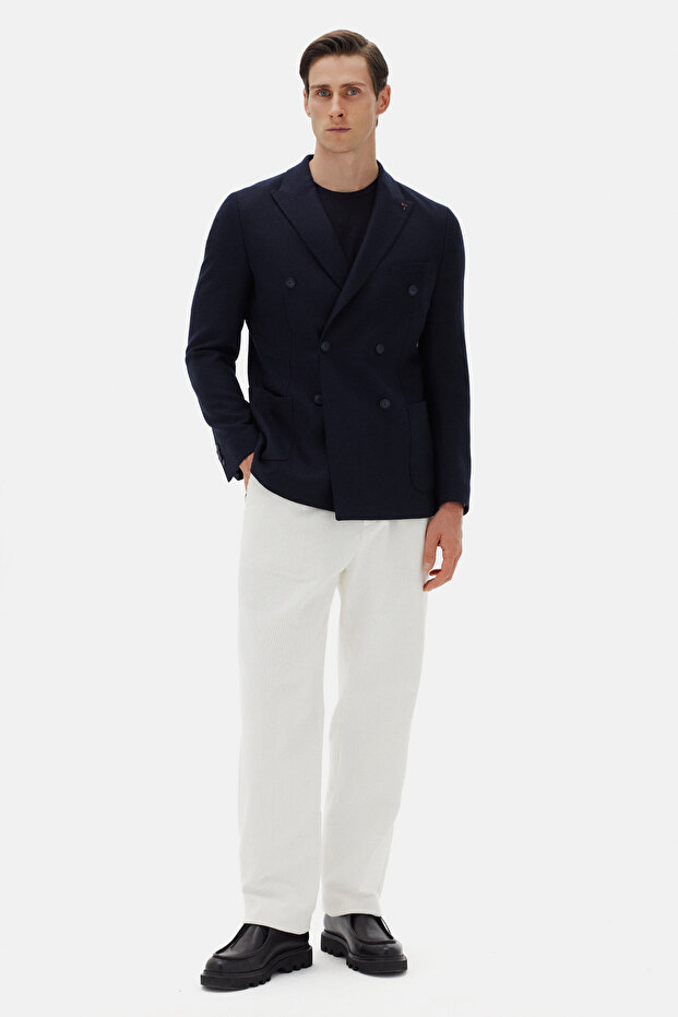 Slim Fit Lacivert Flanel Kumaş Ceket - 2