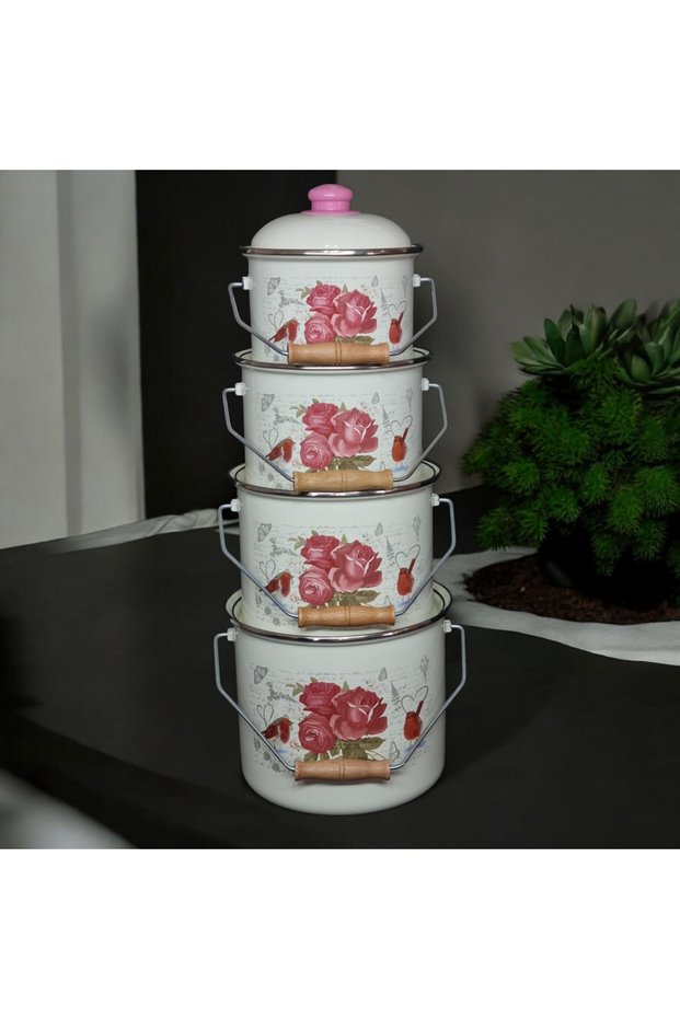 Enamel Bakraç Yogurt Storage Set 16-18-20-22 cm 2 Lt 3 Lt 4 Lt 5 Lt with Pebeğül Pattern