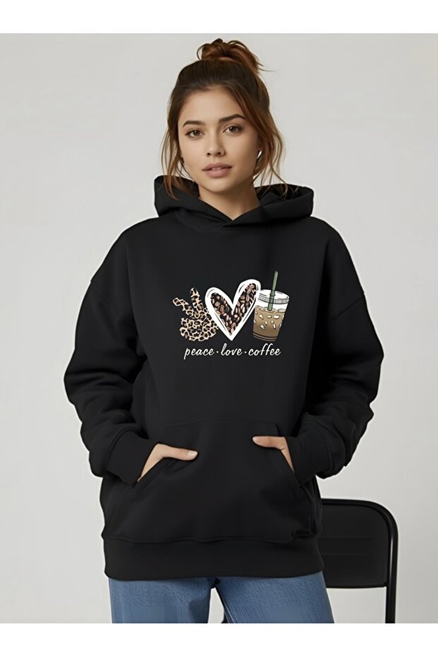 سترة بقلنسوة كبيرة الحجم مطبوعة عليها PEACE LOVE COFFEE للجنسين للنساء/الرجال