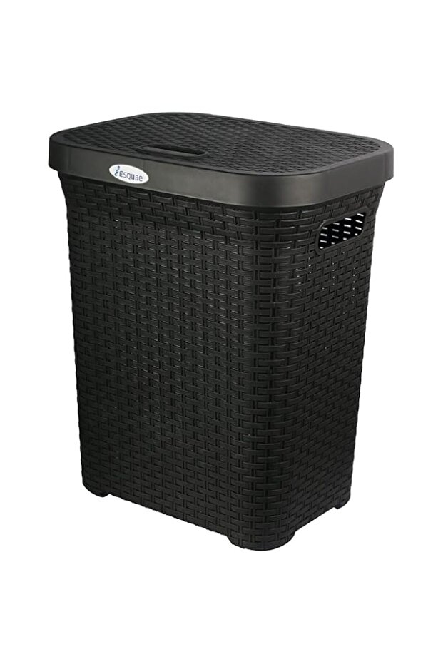 Esqube Laundry Basket, Black with Lid, 50L Capacity
