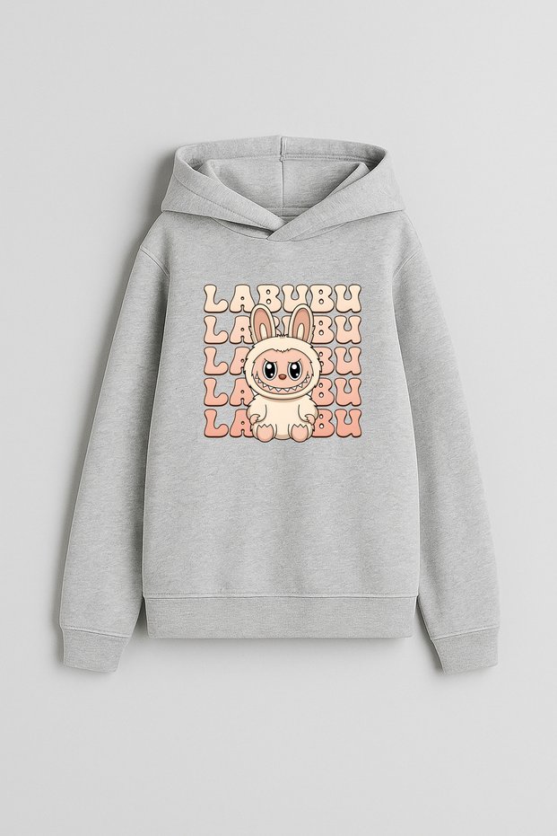Labubu Baby Printed Boys Girls Children Gray Hooded Hoodie Sweatshirt Hoodie