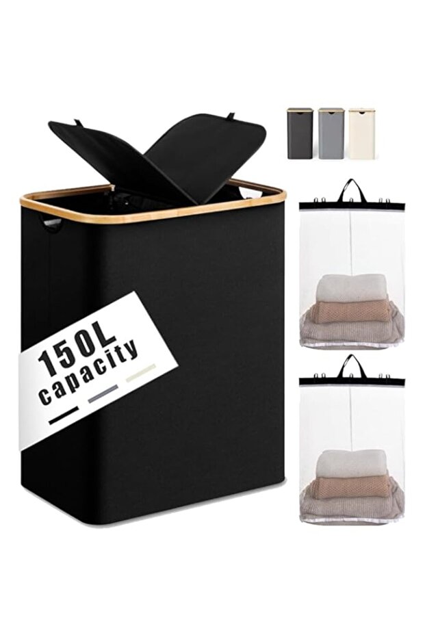 150L Large Laundry Basket with Double Compartment - Foldable Oxford Fabric Hamper with Dustproof Lid