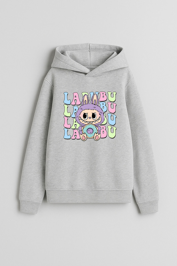 Labubu Baby Printed Boys Girls Children Gray Hooded Hoodie Sweatshirt Hoodie