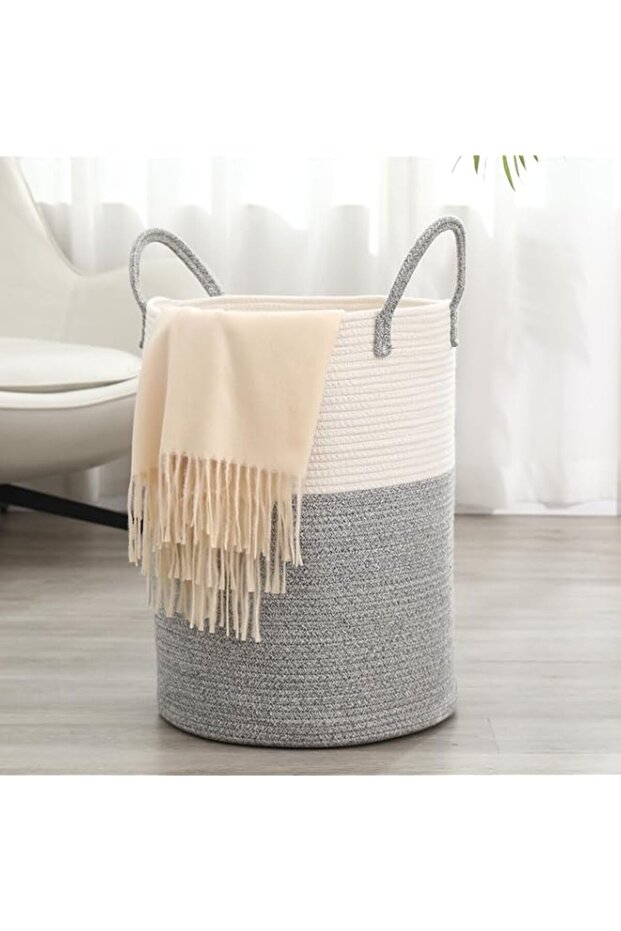 Tikwoork Round Cotton Rope Storage Basket Bin Organizer Laundry Hamper with Handles,Tall Laundry Bas