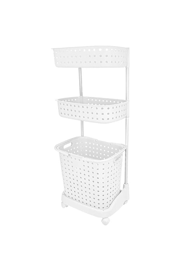 3 Layers Plastic Laundry Basket Rack With Wheels - White