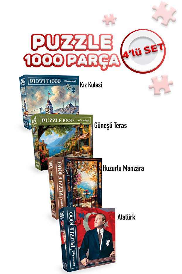 Neverland 4 ADET 1000 PARÇA PUZZLE -KIZ KULESİ VE HUZURLU MANZARA VE ATATÜRK VE GÜNEŞLİ TERAS