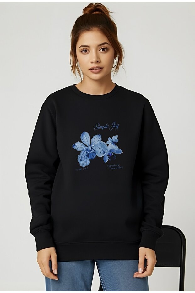 Simple Day Flower Printed Oversize Unisex Women/Men Crop Neck Sweatshirt