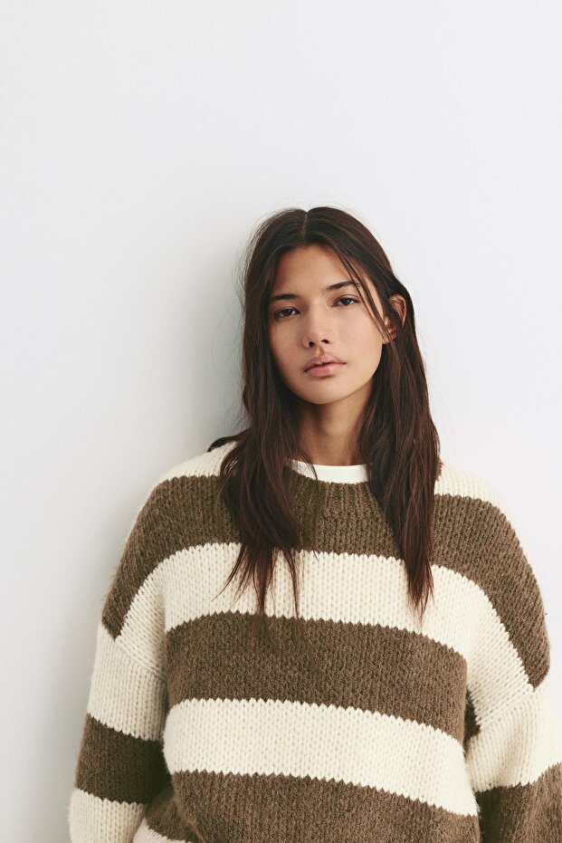 Kalın örgü çizgili kazak - 5