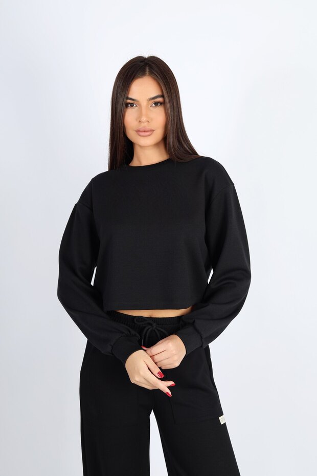 Bisiklet Yaka Crop Fit Siyah Modal Sweat - 3