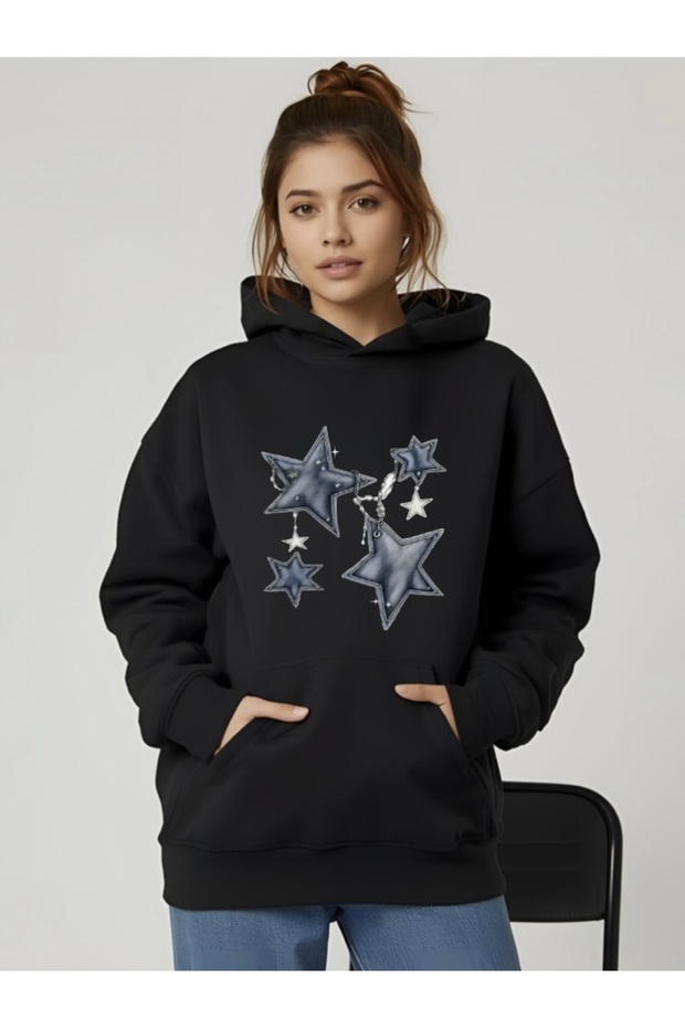 Oversize Unisex Women'S/Men's Hooded Sweatshirt with Chain and Star Print