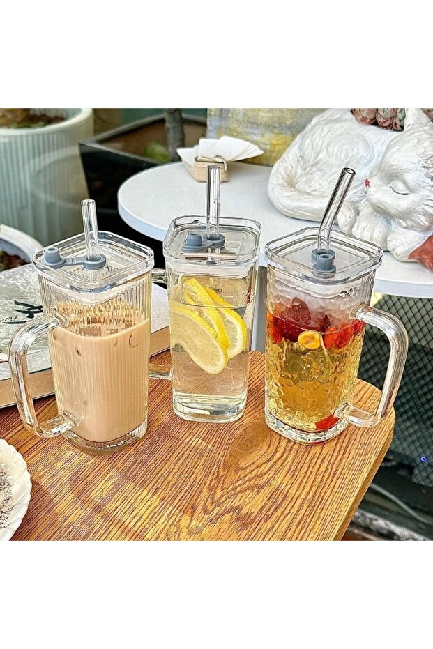 Glass Soft Drink Cup, 330 ml, with Straw and Handle, Clear Model, Transparent - 4