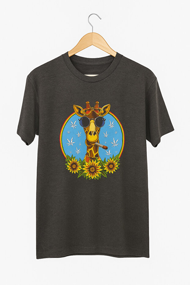 Men’s Graphic T-Shirt – Dark Grey | Cool Giraffe with Sunglasses, Colorful Print | Casual
