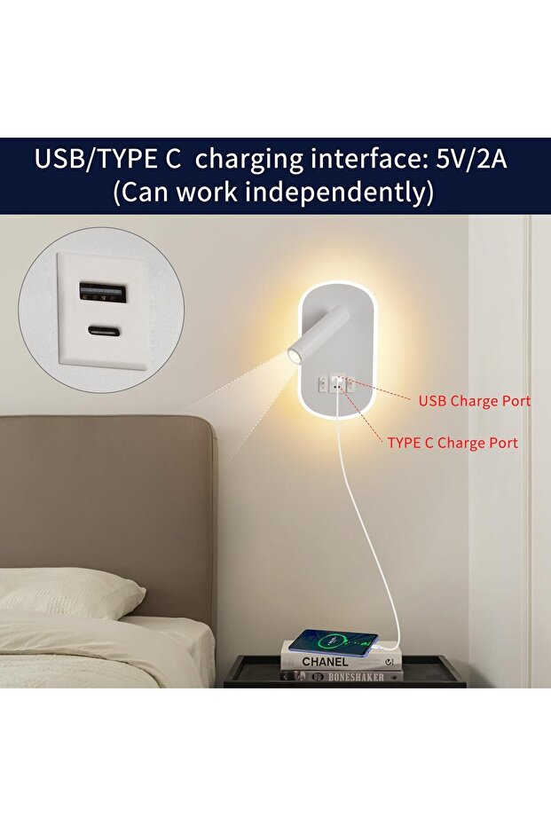 Dekoratif Yatak Başı Okuma Lambası 15 Watt Gün Işığı Çift Kademeli Usb ve Type-C Giriş - 2