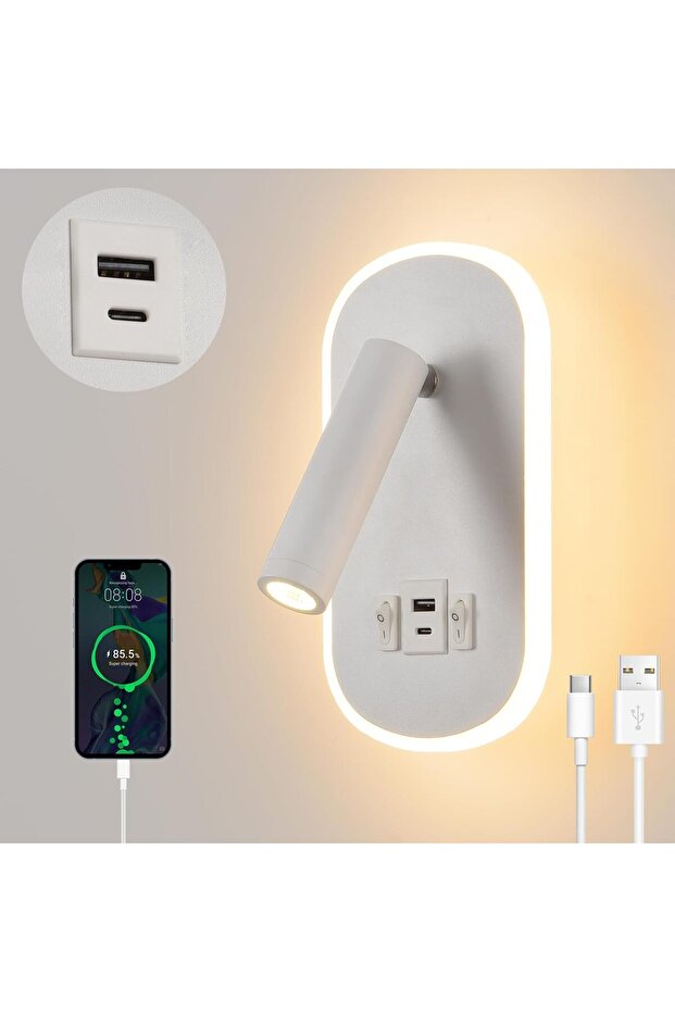 Dekoratif Yatak Başı Okuma Lambası 15 Watt Gün Işığı Çift Kademeli Usb ve Type-C Giriş - 1
