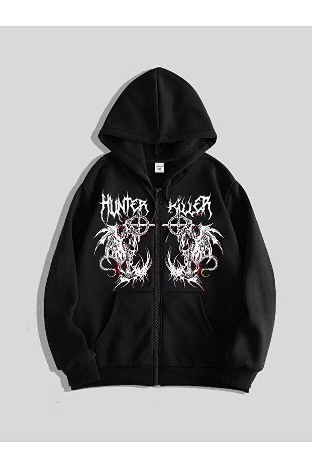 Gothic Design Oversize Fermuarlı Siyah Unisex Kapüşonlu Hırka - 1