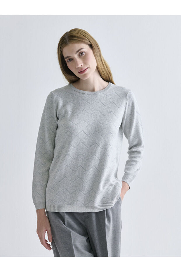 Gray Crew Neck Self Patterned Women's Knitwear Sweater