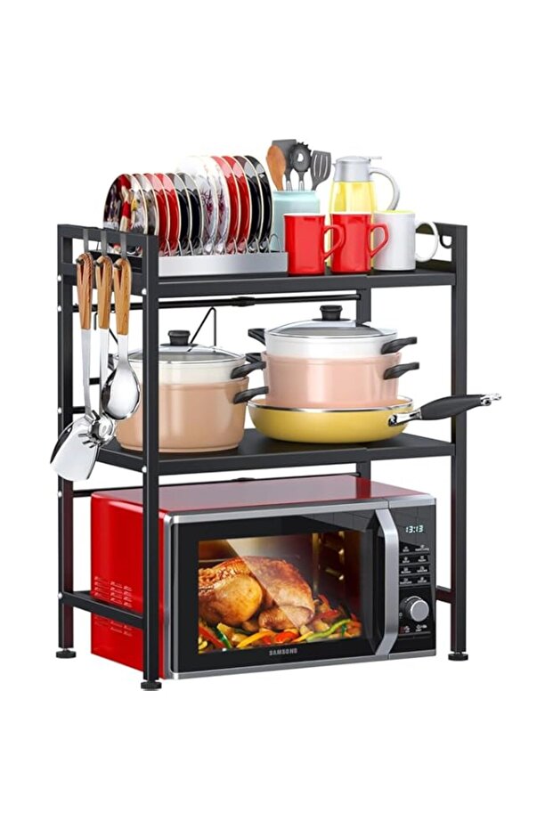 Yoawllty Microwave Stand, 2-Tier Microwave Oven Rack With 6 Hooks, Expandable Horizontal Extension M