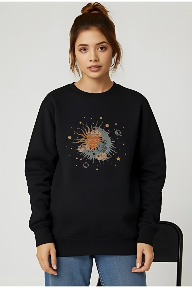 Sun and Moon Printed Oversize Unisex Women/Men Crop Neck Sweatshirt