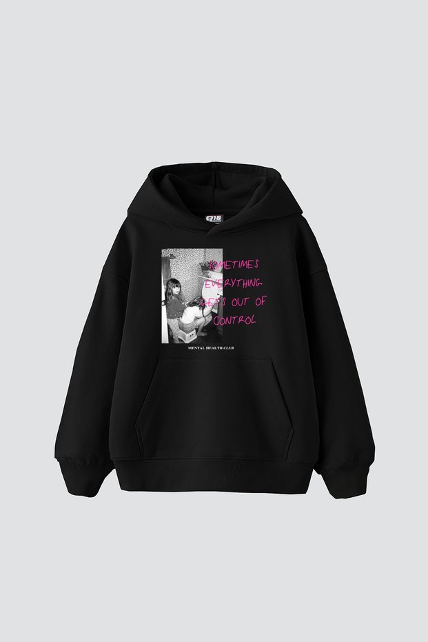 Gets Out of Control Vintage Printed Oversize Unisex Black Hoodie