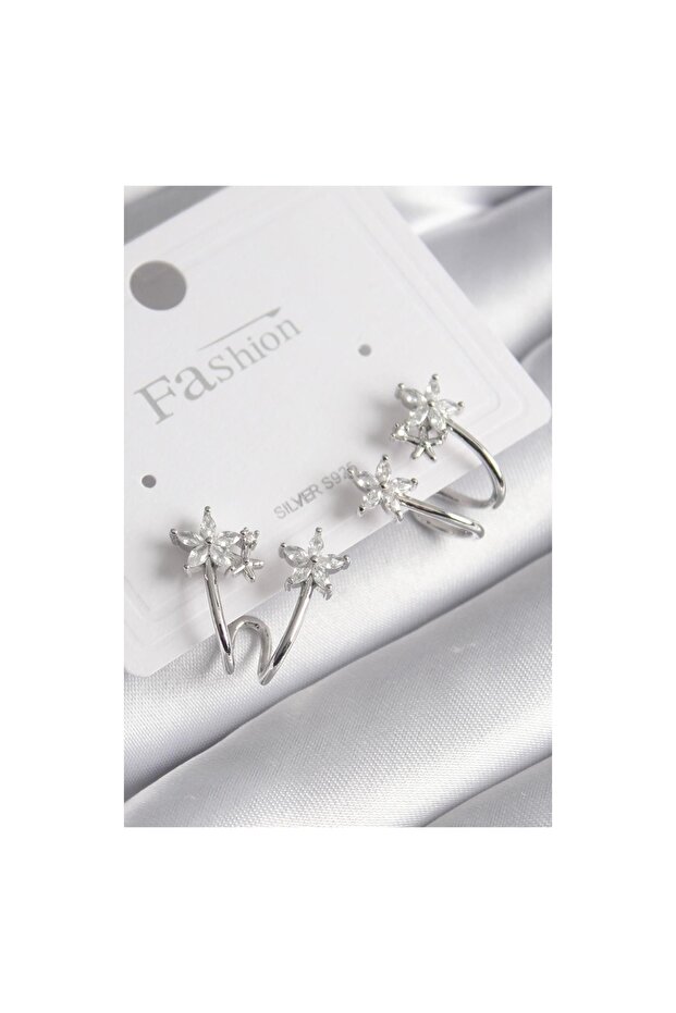 Brass Silver Color Zircon Stone Flower Model Women's Earrings