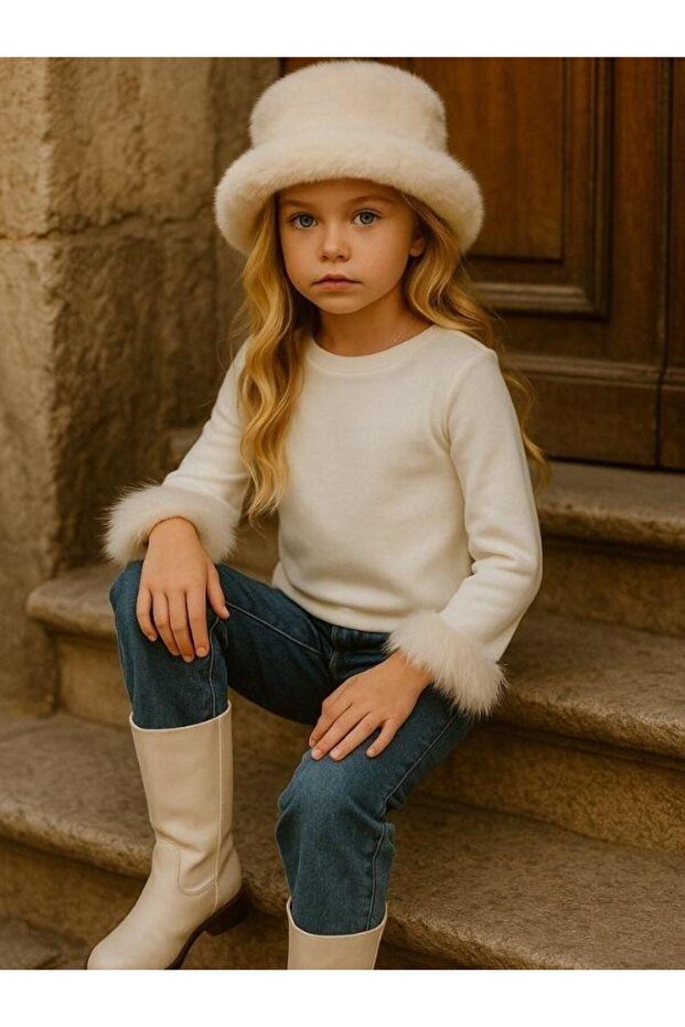 Girls' Fuzzy Sleeves Soft Textured Design Sweater